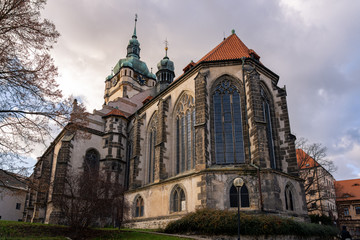 Fototapeta premium Scenic view of the catholic church of Saint Peter and Paul in historic town of Melnik in Central Bohemia, Czech Republic