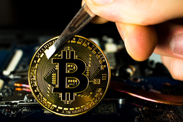 Bitcoin on a computer board. A man holds bitcoin with tweezers.