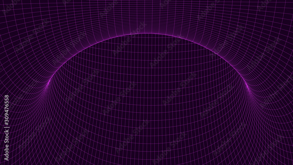 Poster vortex. vector perspective curved grid. wireframe abstract tunnel. 3d vector wormhole with a mesh st