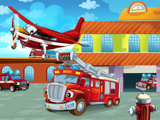 Obraz na płótnie Canvas cartoon scene with fireman vehicle on the road near the fire station - illustration for children