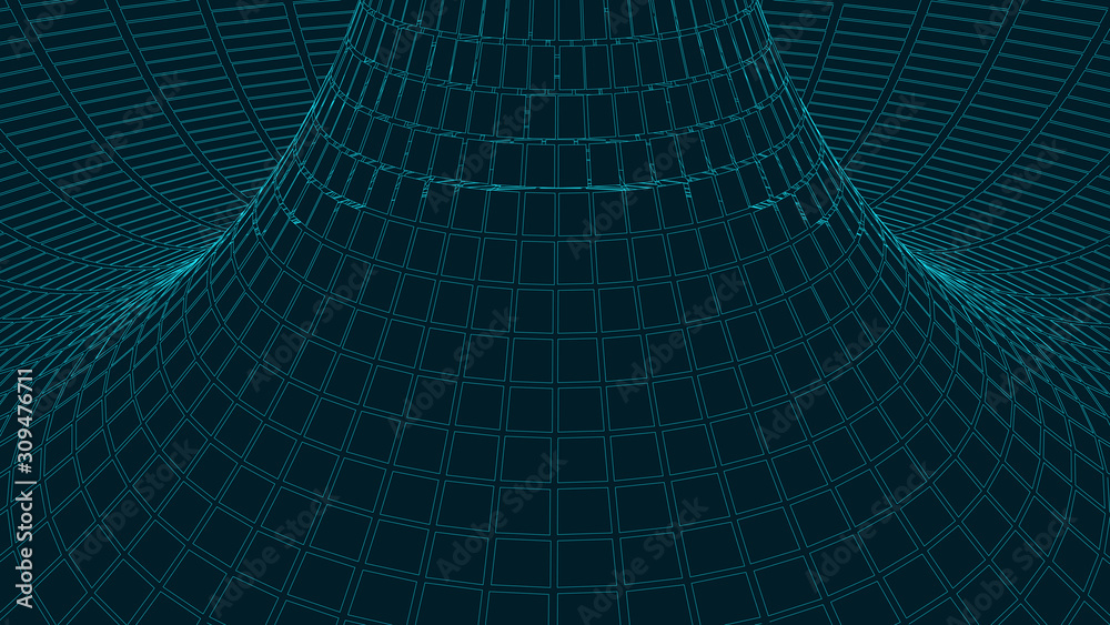 Poster vortex. vector perspective curved grid. wireframe abstract tunnel. 3d vector wormhole with a mesh st