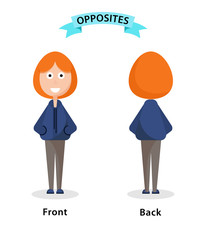 Wordcard for front and back antonyms and opposites. Cartoon characters illustration on white background. Card for teaching aid, for a foreign language learning. Vector illustration, EPS 10