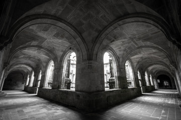 Obraz premium Historic ruins of abandoned abbey in black and white in Monasterio de Lugo, Galicia, Spain