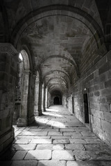 Fototapeta na wymiar Historic ruins of abandoned abbey in black and white in Monasterio de Lugo, Galicia, Spain