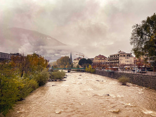 View to Meran city with water flood