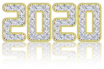 2020 digits composed of gems in golden rim on glossy white background