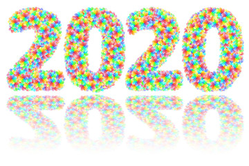 2020 digits composed of colorful glass flowers on glossy white background