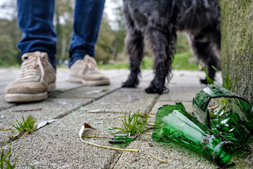 Multi colored pieces of broken glass outside. Human and dog legs standing on foreground.