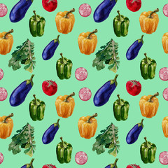 Seamless pattern. Hand-drawn watercolor illustration. Vegetables, eggplant, pepper, tomato, turnip, onion. Red, blue, violet, yellow, green. Print, textile, paper, fabric, background.