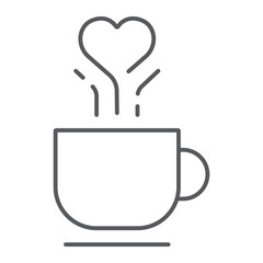 Lovely cup thin line icon, valentine and holiday, coffee sign, vector graphics, a linear pattern on a white background, eps 10.