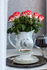 Obraz na płótnie Canvas morning coffee tea vintage tableware flowers Breakfast