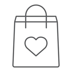 Love shopping bag thin line icon, valentine and holiday, valentine bag sign, vector graphics, a linear pattern on a white background, eps 10.