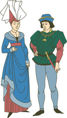 Medieval couple wearing historic costumes - obrazy, fototapety, plakaty