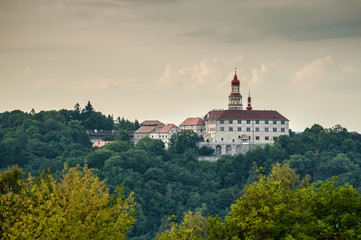 Fototapeta na wymiar Nachod Castle, viewpoint to the hill with the castle and surrounding forest.