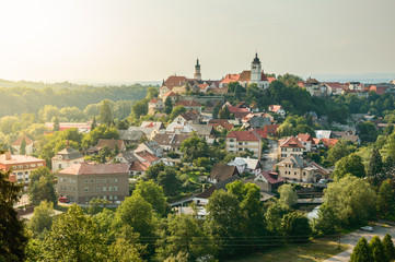 Panorama of the city of Nove Mesto Nad Metuji with the castle on the top of the hill.