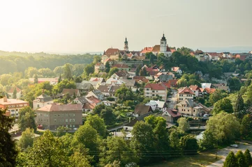 Tuinposter Panorama of the city of Nove Mesto Nad Metuji with the castle on the top of the hill. © Castigatio