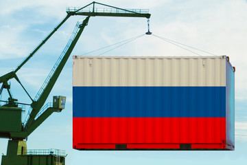 port crane holds a container with the Russian flag, the concept of shipping from Russia around the...