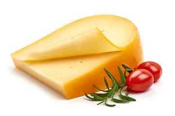 Hard Dutch gouda cheese, isolated on white background