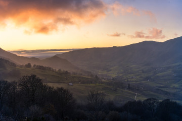 Auvergne sunset landscape in France