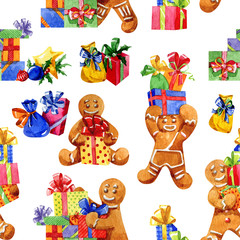 Watercolor seamless pattern. Gingerbread men with christmas gifts on white background