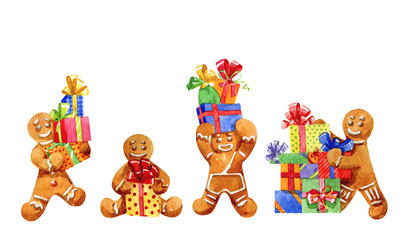 Watercolor illustration. Gingerbread men with christmas gifts.