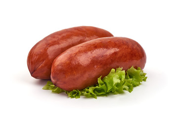 Smoked sausages for grill, isolated on white background