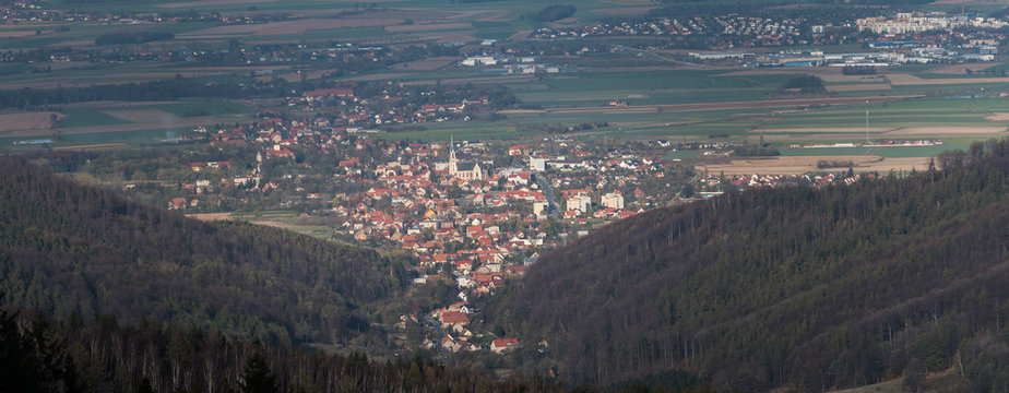Sowie Mountains, panorama from the viewpoint to the mountain valley with the city of Pieszyce at the foot.