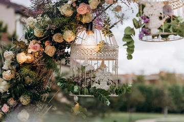 Beautiful Wedding ceremony event in garden at sunset