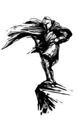 fantasy knight with sword and fluttering cloak in the wind standing on the rock, vector black illustration on white background © Roman