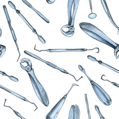 Seamless pattern with dental tools on white background.  Dental background. Medical pattern with watercolor dental tools. 