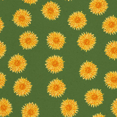 Seamless pattern with dandelion flowers on green background. Watercolor yellow flowers. Floral pattern. Background with wildflowers. 