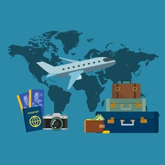 Mundo maletas avión pasaporte cámara dinero