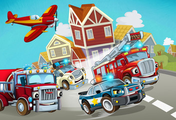cartoon scene with fireman vehicle on the road with police car and ambulance - illustration for children