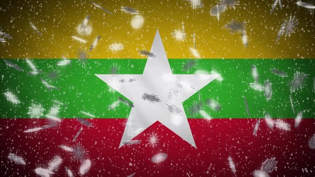 Myanmar flag falling snow loopable, New Year and Christmas background, loop.