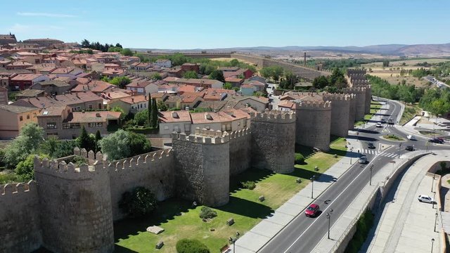 View from drone of main walls of medieval Spanish fortified city of Avila 