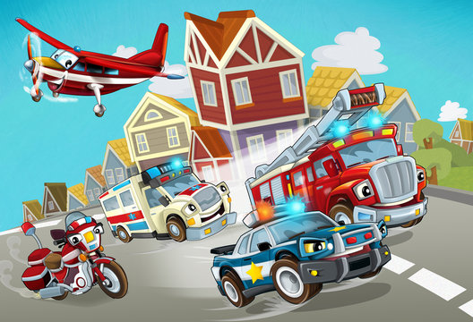 Fototapeta cartoon scene with fireman vehicle on the road with police car and ambulance - illustration for children