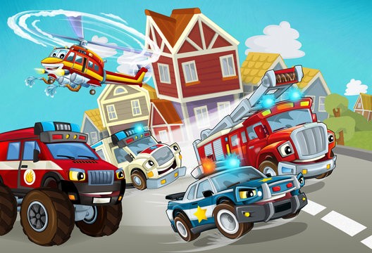 cartoon scene with fireman vehicle on the road with police car and ambulance - illustration for children © honeyflavour