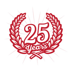 25 years anniversary celebration with laurel wreath. Twenty fifth anniversary logo. Vector and illustration.