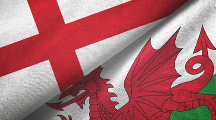 England and Wales two flags textile cloth, fabric texture - obrazy, fototapety, plakaty
