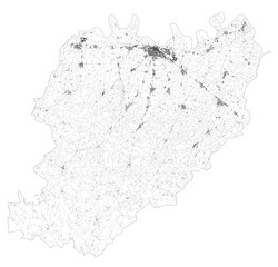 Satellite map of Province of Piacenza towns and roads, buildings and connecting roads of surrounding areas. Emilia-Romagna region, Italy. Map roads, ring roads