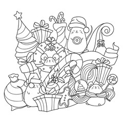 Doodle art with cute kawaii mice and Christmas decorations. Symbol of Chinese New Year 2020. Cheerful mouse with gifts. Easy to change colors inside of objects.
