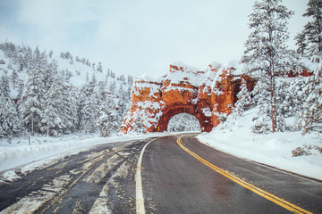 Snowy Red Rock Arch in Utah