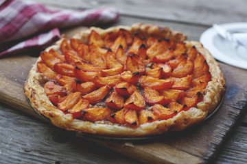 Delicious Apricot almond cake on puff pastry.