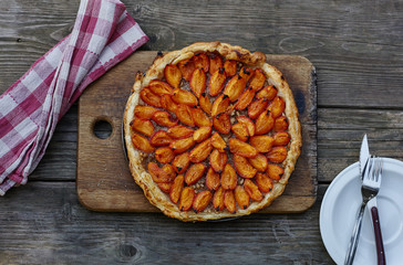 Delicious Apricot almond cake on puff pastry.