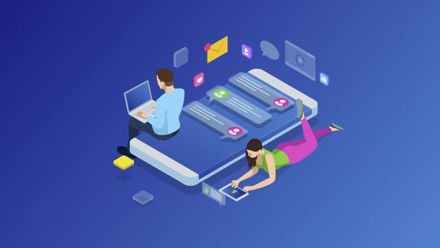 Ismetric man and woman communicate in social networks on a smartphone. Mobile phone chat message notifications. Application for communication and dating. HD Video.