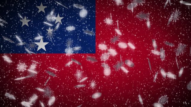 Samoa flag falling snow loopable, New Year and Christmas background, loop.