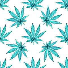 Watercolor seamless pattern with blue cannabis leaf isolated on white background. Hand painted illustration. Botanical print for fabric and wrapping paper. 