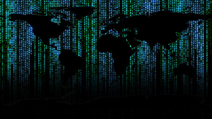 Global map with binary matrix background. Falling sign on dark backdrop. Global abstract data...