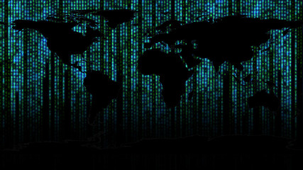 Global map with binary matrix background. Falling sign on dark backdrop. Global abstract data concept. Blue and green futuristic cyberspace