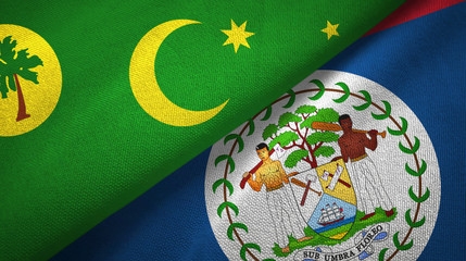 Cocos Keeling Islands and Belize two flags textile cloth, fabric texture